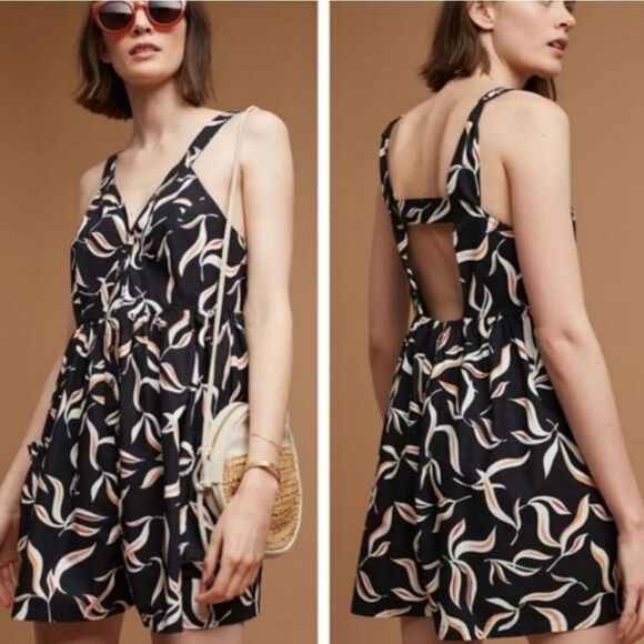 NWT Anthro Hei Hei Black Palma Tropical Open Back Cotton Oversized Romper S - Picture 1 of 7